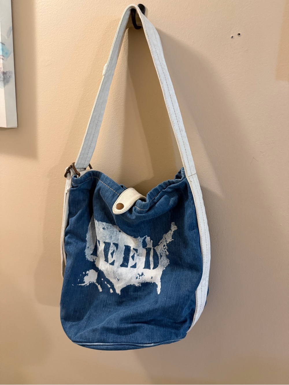 FEED Blue Denim Bucket Shoulder Bag with White Trim